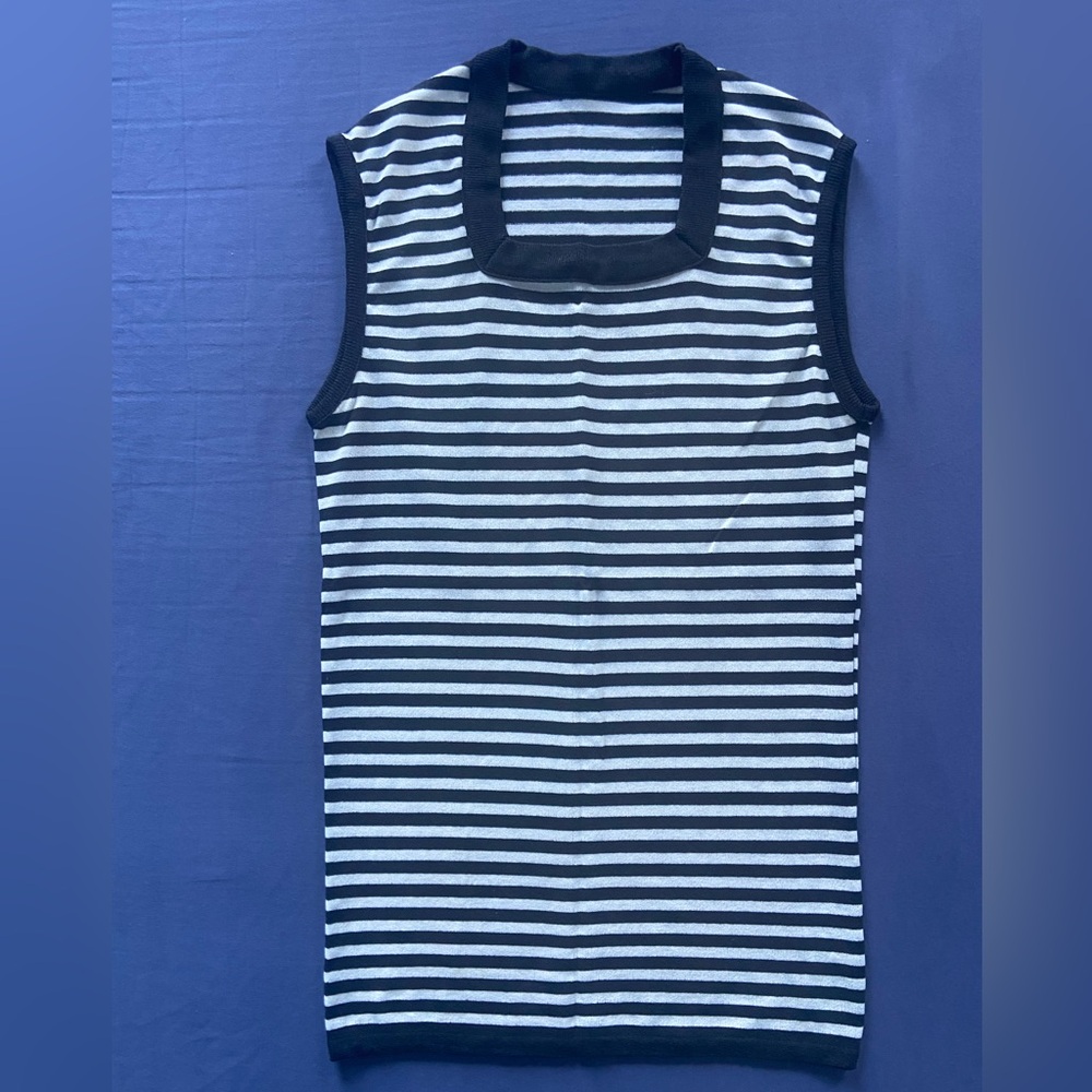 Black and white striped sleeveless top (see measurements; no tag)